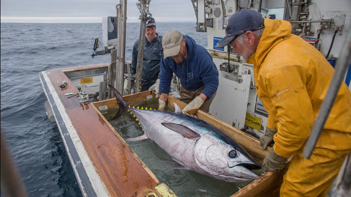 A rare giant bluefin tuna is measured and confirmed by marine biologists using peer-reviewed protocols